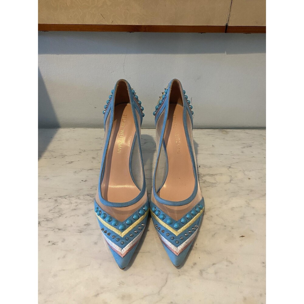 Stuart Weitzman Cotton Candy Heels Womens Size 9 Blue Studded Mesh Pointed Toe - Picture 3 of 6